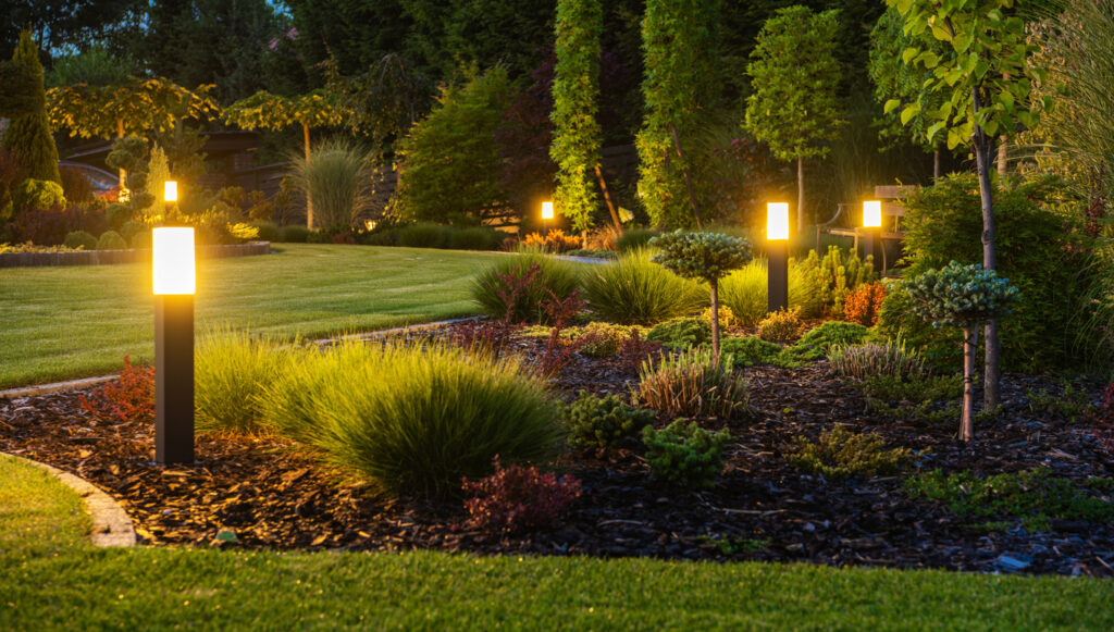 Lighting in backyard along landscaping